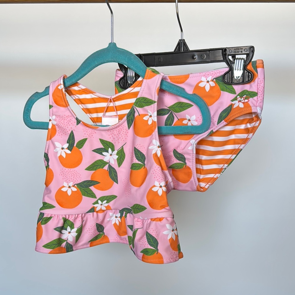 RuffleButts Reversible Toddler Oranges & Striped Swimsuit Set